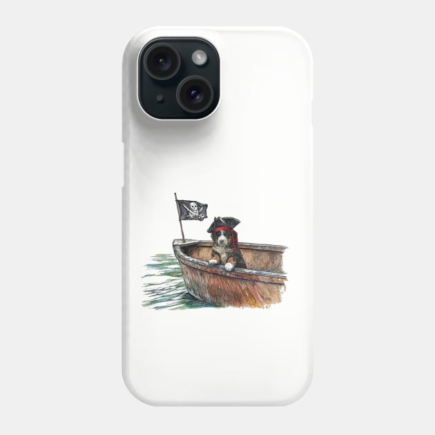 Little Berner Puppy Dog Pirate in Boat with Jolly Roger Flag Phone Case by Prairie Dog Print