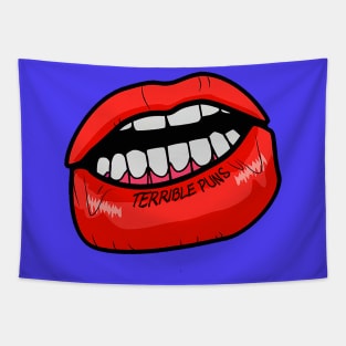 terrible puns lip tattoo Tapestry