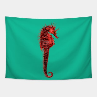 RED SEAHORSE IN TURQUOISE BLUE Sea Life Drawing Tapestry