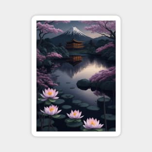 Serene Mount Fuji Sunset - Peaceful River Scenery - Lotus Flowers Magnet