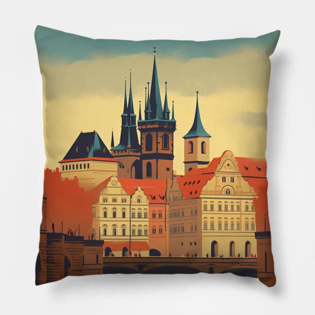 Prague Retro Travel Style Pillow by Retro Travel Design