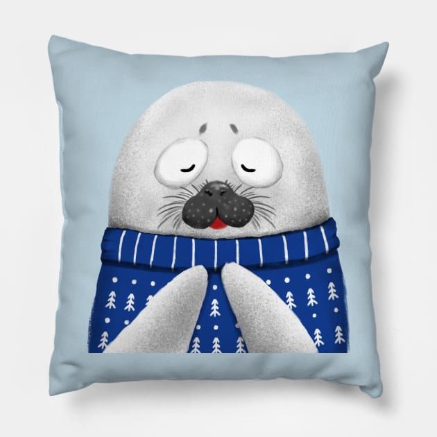 Cute Seal Wearing Blue Sweater Pillow by Luna Illustration