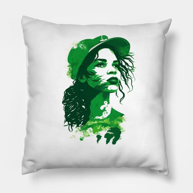 Make a Statement with Our Abstract White and Green Climate Activist Girl Face Portrait Design Pillow by Greenbubble