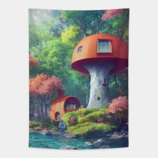 Trippy Mushroom House Digital Art Tapestry