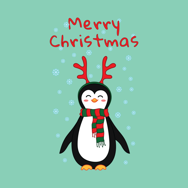 Merry christmas! Penguin with scarf and reindeer antlers. by sziszigraphics