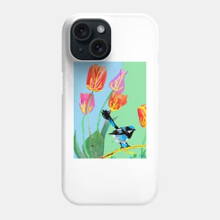 Abstract Blue Wren and Tulips Painting - on Blue and Light Green Phone Case