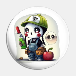 Panda in overalls ghost panda and apple Pin