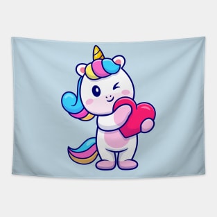 Cute Unicorn Holding Heart Cartoon Tapestry