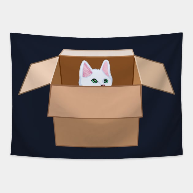 White Kitten Peeking from Cardboard Box Tapestry by Art by Deborah Camp