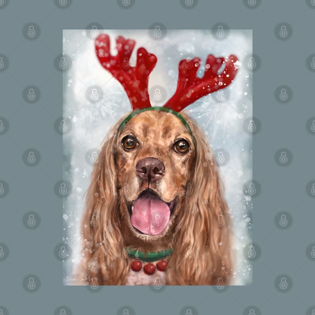 Painting of a Smiling Cocker Spaniel with a Reindeer Headpiece Antlers Costume in the Snow by ibadishi