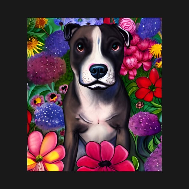 Pitbull Mix Dog Puppy Whimsical Portrait Hiding in Wildflowers Secret Garden Digital Art Watercolor Painting by joannejgg