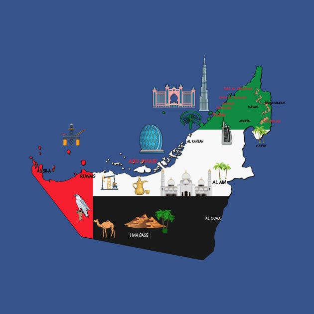 United Arab Emirates map and flag , major cities names UAE national symbols and landmarks by Mashmosh