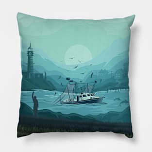 Fisherman and Fishing Boat Pillow