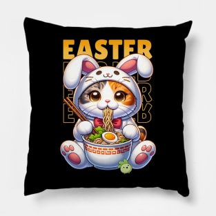 Easter bunny cat eating ramen Pillow