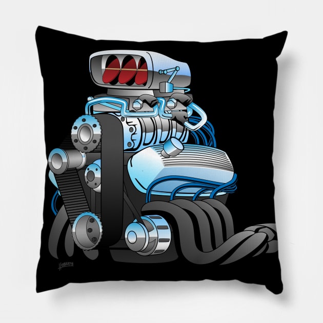 Hotrod Racing Car Engine Cartoon Illustration Pillow by hobrath