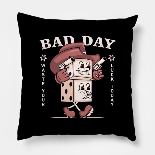 Bad day, retro cartun dice cowboy mascot Pillow by Vyndesign