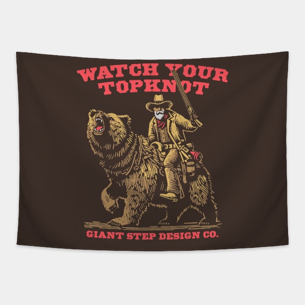 Watch Your Topknot Grizzly Bear Rider Cowboy Illustration Tapestry by GIANTSTEPDESIGN