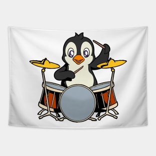 Cartoon penguin playing drums Tapestry