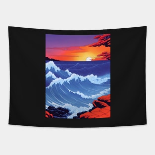 Ukiyo-e Japanese Art - Waves Crashing Against a Rocky Coast at Sunset Tapestry