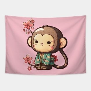 Asian monkey with spring flowers Tapestry