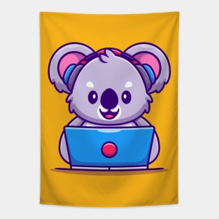 Cute Koala Working on Laptop With Headphone Tapestry