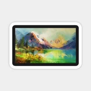 Majestic Peaks and Serene Lakes: A Vibrant Mountain Landscape Oil Painting #3 Magnet