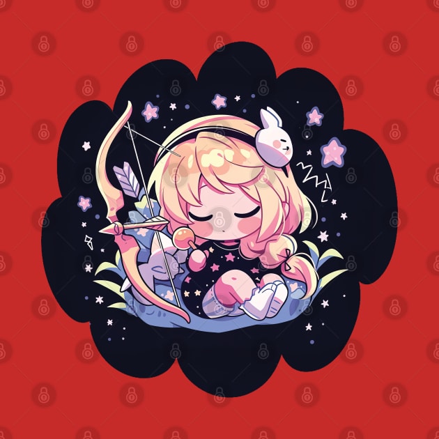 Adorable Anime Chibi Sagittarius Zodiac Sleeping Little Astro Girl by The Little Store Of Magic