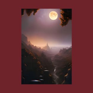 Mystic Full Moon over Fantasy Red Rock Valley Digital AI Art T-Shirt