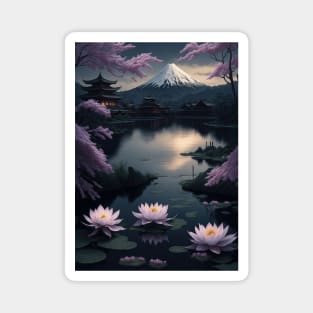 Serene Mount Fuji Sunset - Peaceful River Scenery - Lotus Flowers Magnet