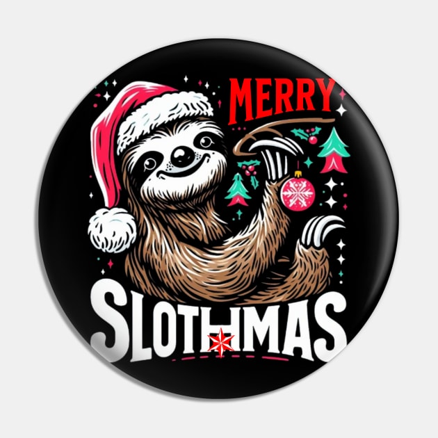 Merry Slothmas: Festive Sloth in Santa Hat T-Shirt Pin by Imaginate