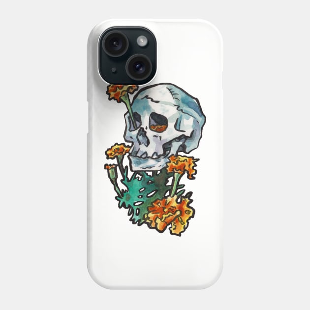 Skull with Marigold Flowers Phone Case by JenTheTracy