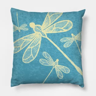 Abstract dragonflies in yellow on textured blue Pillow