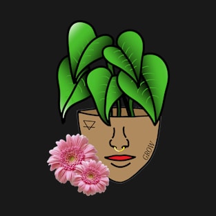 Surreal Tropical House Plant, Pot Head, with Pink Gerber Daisy T-Shirt