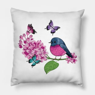 Lilacs - Butterflies And Pink Robin Bird Pillow