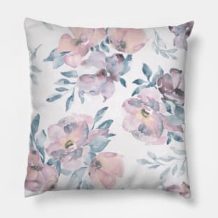 Watercolor of pink and purple flowers with blue leaves Pillow