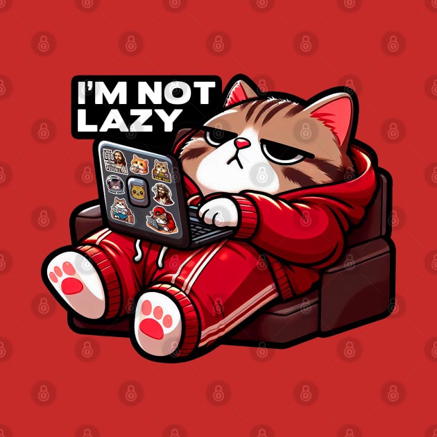 I'm Not Lazy meme Chubby Tabby Cat Relaxing Laptop Comfy Sofa by Plushism