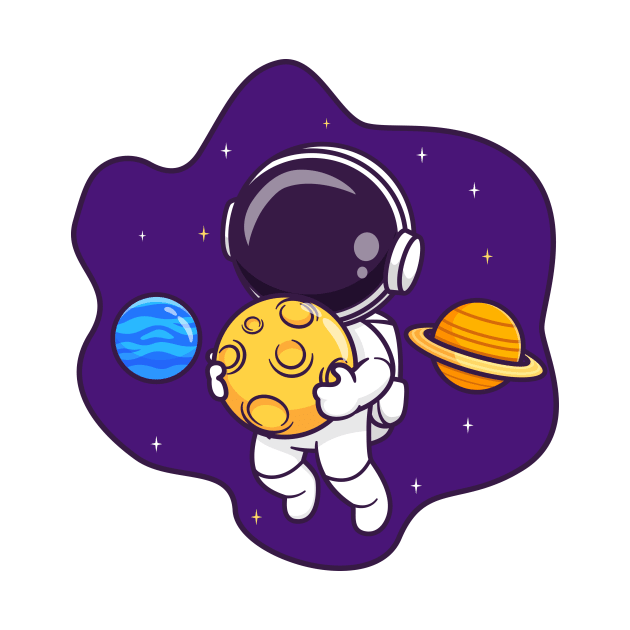 Cute Astronaut Floating In Space With Planet And Holding  Moon Cartoon by Catalyst Labs