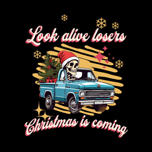 Funny Christmas Skeleton Wearing Santa Hat, Pickup Truck with Tree by TheCloakedOak