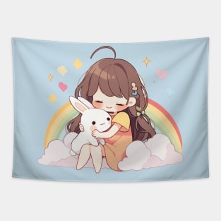 cut , rabbit , girl , rainbow Tapestry