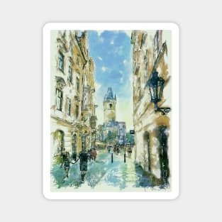 Side View of the Old Town City Hall Prague Watercolor Streetscape Magnet