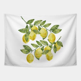 Yellow summer watercolor lemons with green leaves citrus illustration Tapestry