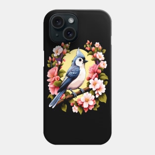 Cute Tufted Titmouse Surrounded by Vibrant Spring Flowers Phone Case