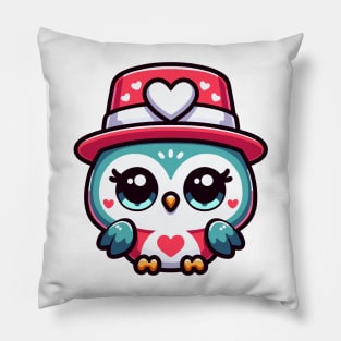 Cute Kawaii Valentine's Owl with a Hearts Hat Pillow
