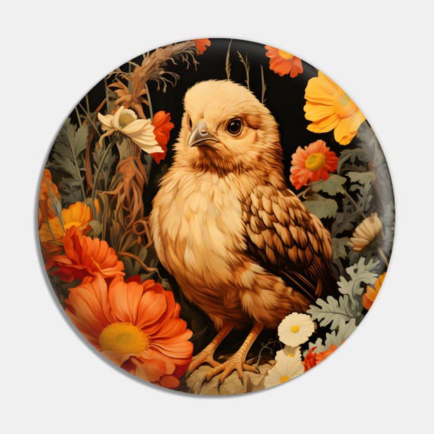 Retro Vintage Art Style Baby Chick in Field of Wild Flowers - Whimsical Farm Pin by The Whimsical Homestead