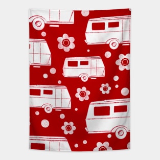 Vintage Caravan block print in red and white Tapestry