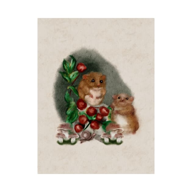 Adorable Baby Woodland Mice Play on the Forest Floor With Mushrooms, Snails, and Red Barries in this Cottagecore Watercolor by penandbea