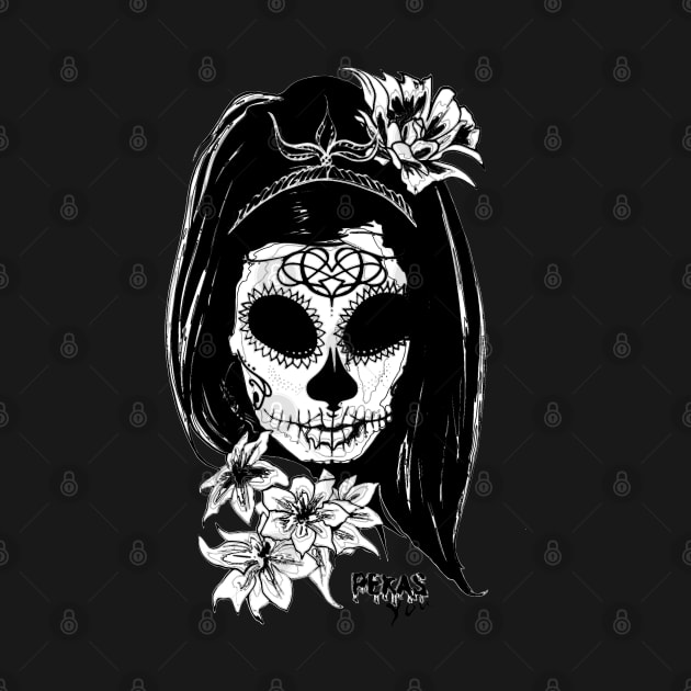 Princess catrina in black and white with flowers and text with a gloomy effect. Gloomy skulls. by Rebeldía Pura