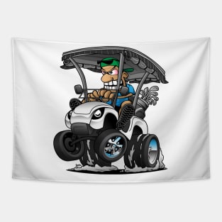 Funny Golf Cart Hotrod Golf Car Popping a Wheelie Cartoon Tapestry