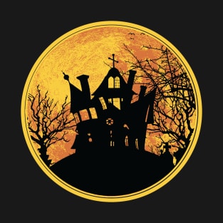 Halloween Night Full Moon Haunted House Black Silhouette T-Shirt