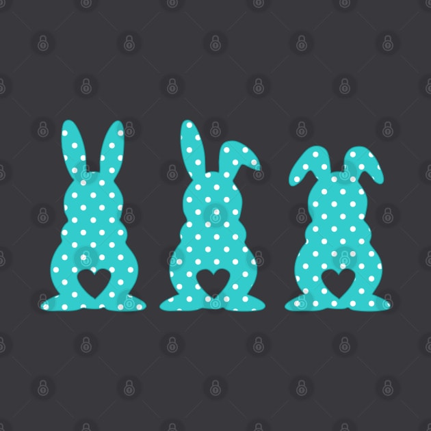 Three Easter Bunnies with Heart Shaped Tails Blue Polkadots by deelirius8